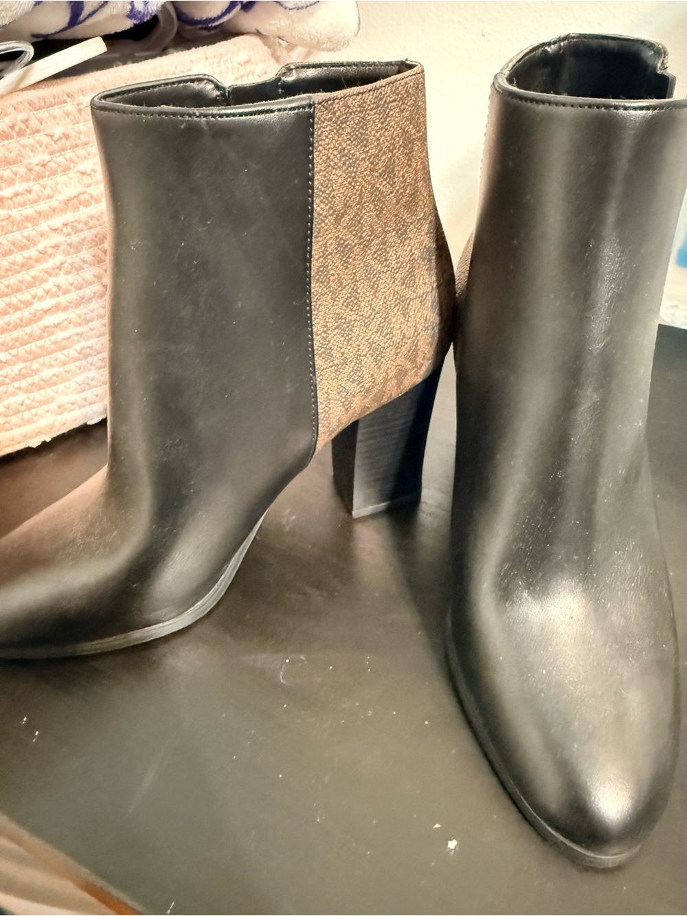Michael Kors Black Leather Ankle Booties with Brown Logo Panel
